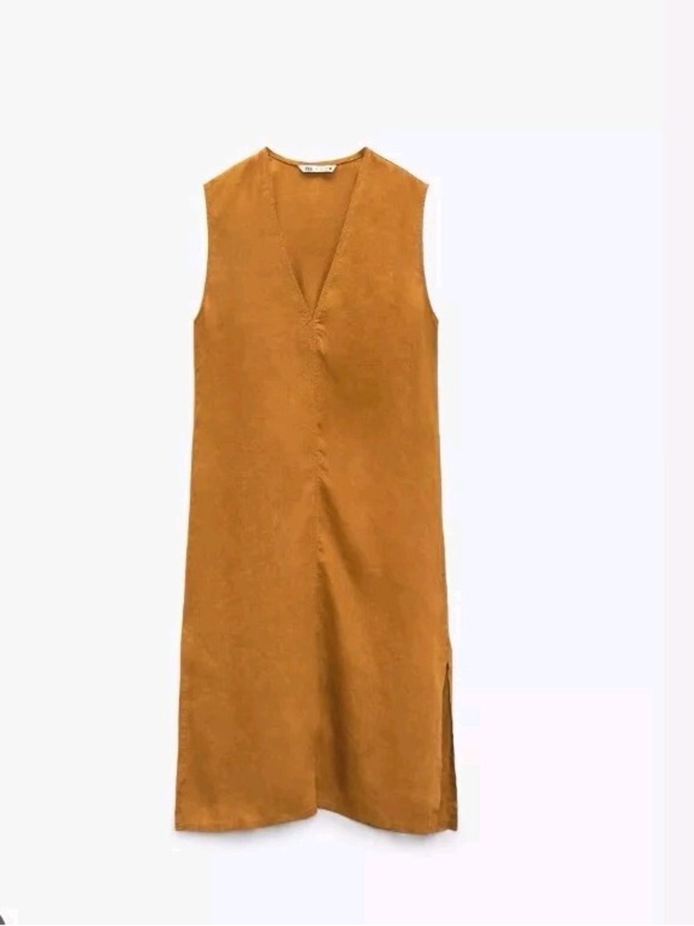 Zara Womens Large 100% Linen Midi Maxi Dress Rust Brown V Neck Side Slit NWT